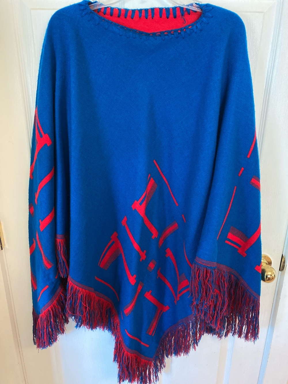 Reversible Peruvian Style Poncho: Turquoise & Red with fringe